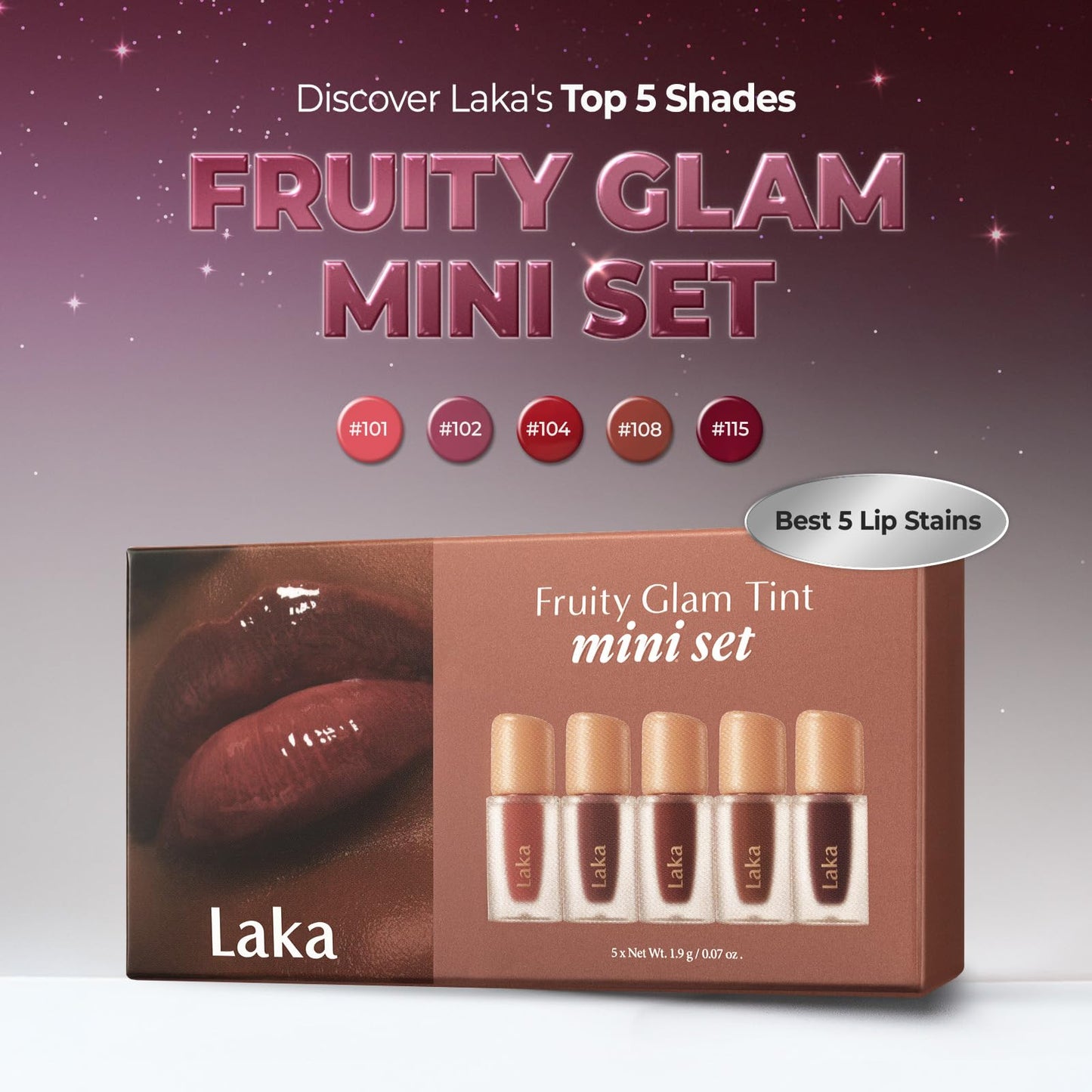 Laka Best Fruity Glam Tint Mini Set, 1.9g/0.07oz*5ea, Gift Set for Women, Hydrating & Glowy Finish, Lightweight & Comfortable, Buildable Color, Non-Sticky, Vegan, K-Beauty
