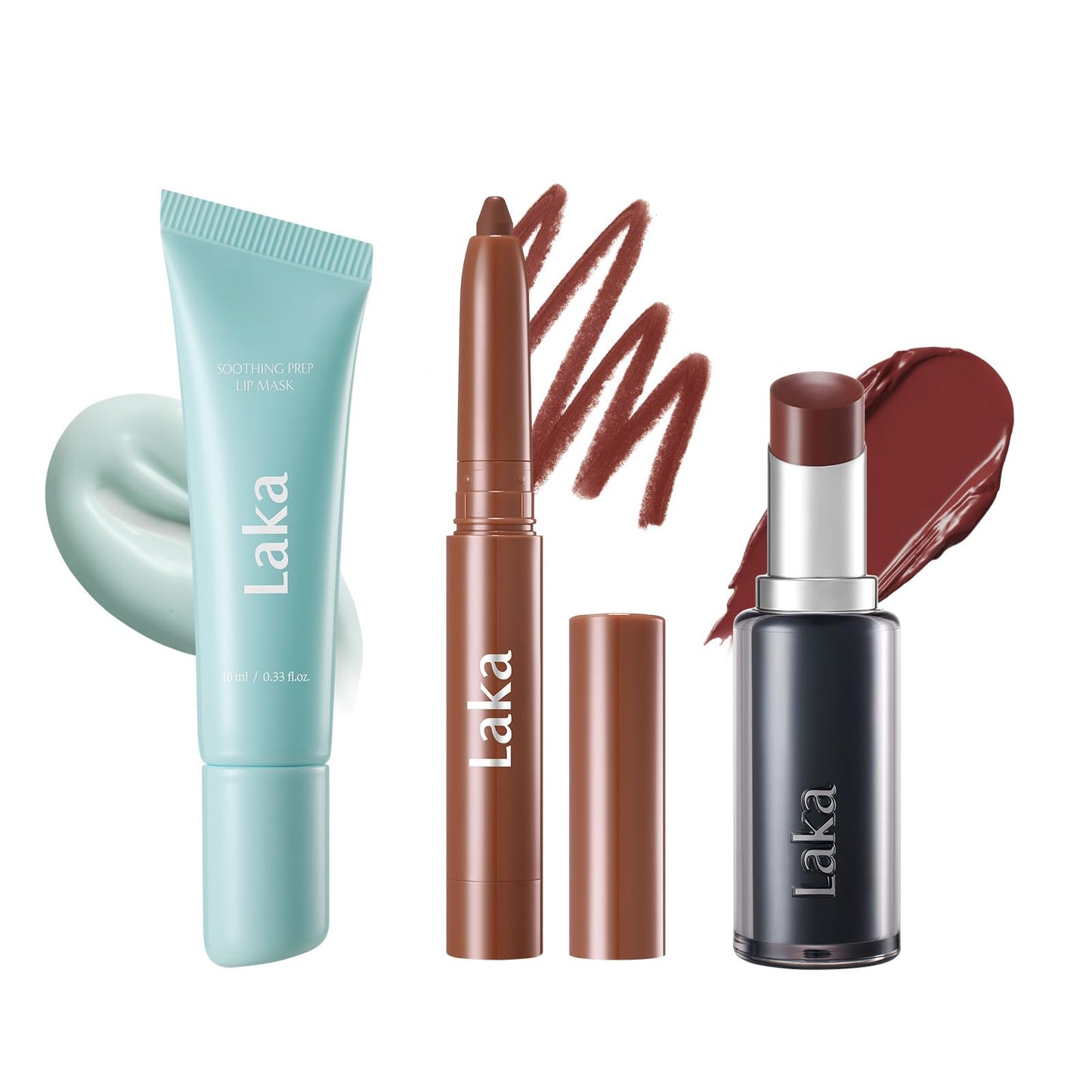Laka Soothing Prep Lip Mask + Stain Lip Liner #07 Espresso Temper + Devil Lip #809 Burnt, Peel-off Lip Mask & Long Lasting Vivid Color