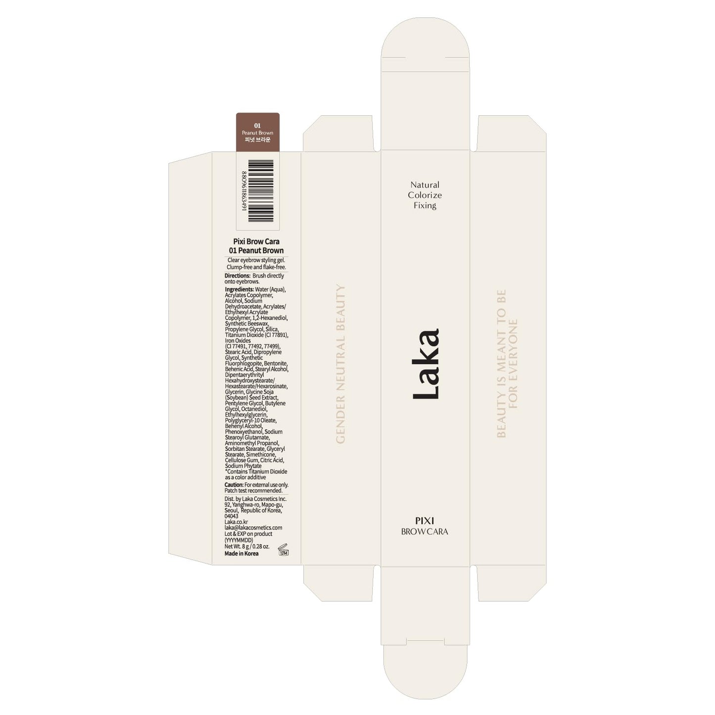 Laka Pixi Eyebrow Mascara 8g/0.28oz., Eyebrow Gel to Fix and Shape Brows, Clump-Free, Brow Fixer with Slim Precision Brush, Vegan, K-Beauty (01 Peanut Brown)