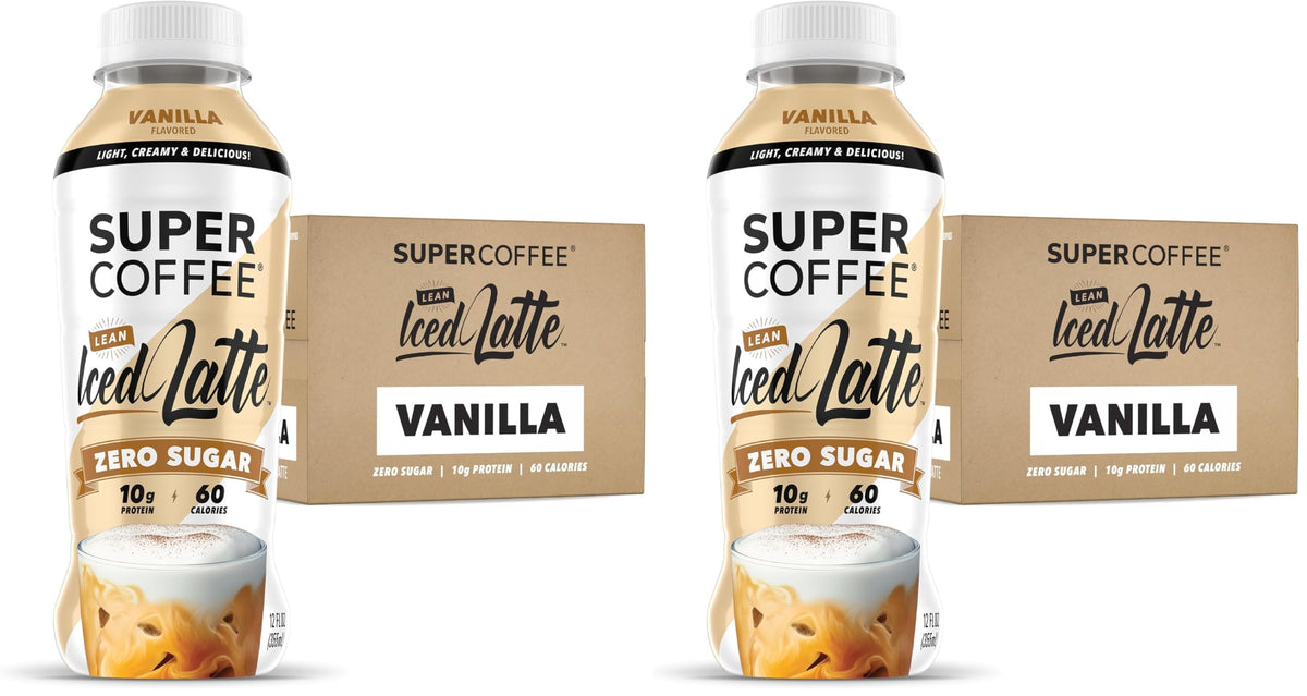 Super Coffee, Ready To Drink Iced Coffee, Vanilla Latte (12 Ounce Bottles, Pack of 12) - Low Net Carbs, No Added Sugar, Keto Friendly, 10g of Protein, Low Calorie, Protein Coffee
