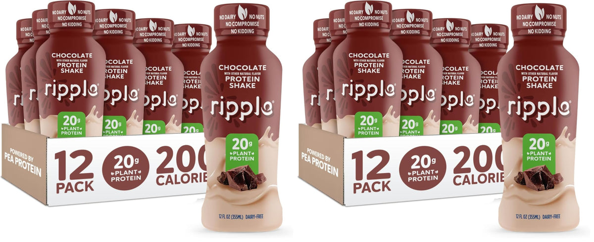 Ripple Vanilla Plant Based Protein Shake | 20g of Quality Sourced Pea Protein, Calcium & Iron Rich | Shelf Stable | Vegan & Non GMO | Dairy, Soy, Nut, & Gluten Free | 12 Fl Oz Bottles (Pack of 12)