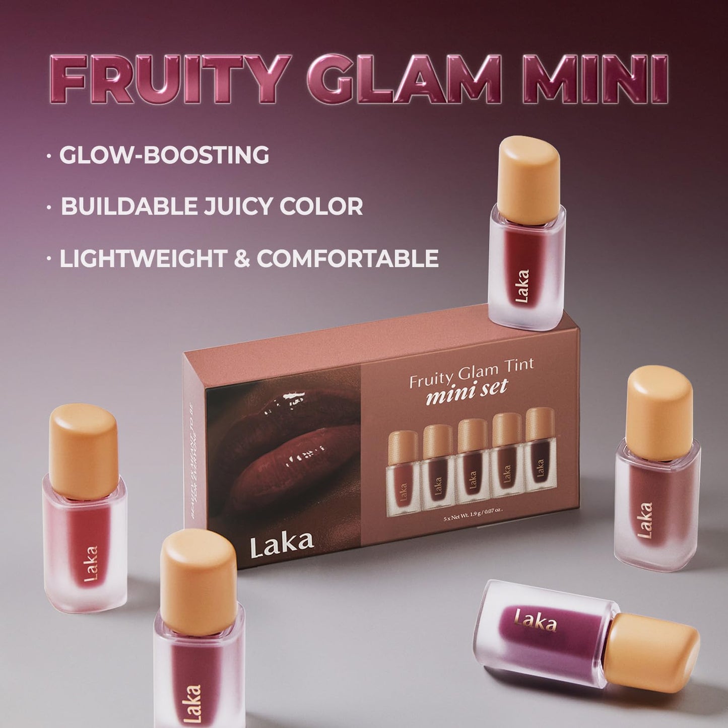 Laka Best Fruity Glam Tint Mini Set, 1.9g/0.07oz*5ea, Gift Set for Women, Hydrating & Glowy Finish, Lightweight & Comfortable, Buildable Color, Non-Sticky, Vegan, K-Beauty