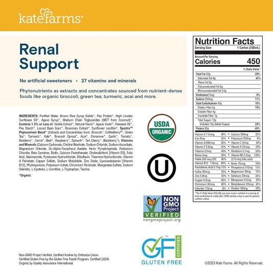KATE FARMS 1.8 Renal Support Shake, Vanilla, 20g Protein, 12 Pack
