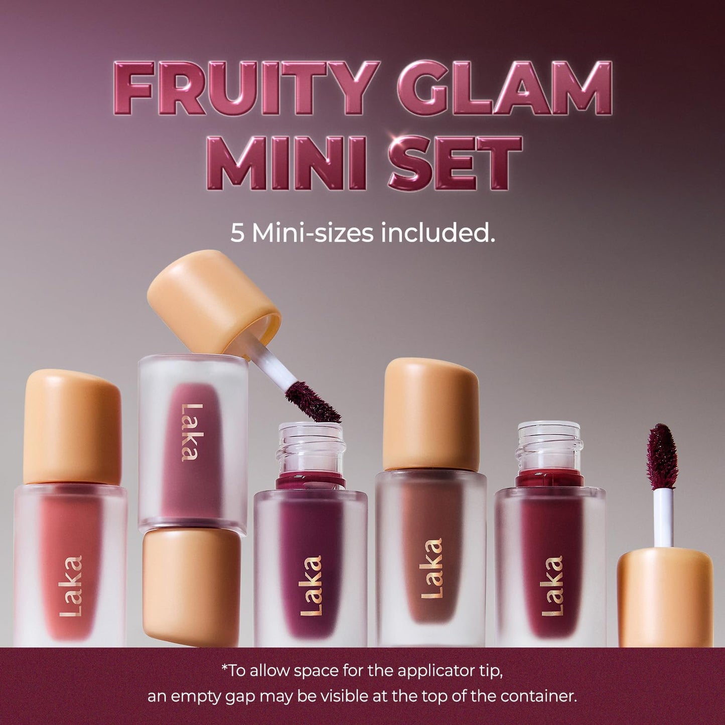 Laka Best Fruity Glam Tint Mini Set, 1.9g/0.07oz*5ea, Gift Set for Women, Hydrating & Glowy Finish, Lightweight & Comfortable, Buildable Color, Non-Sticky, Vegan, K-Beauty