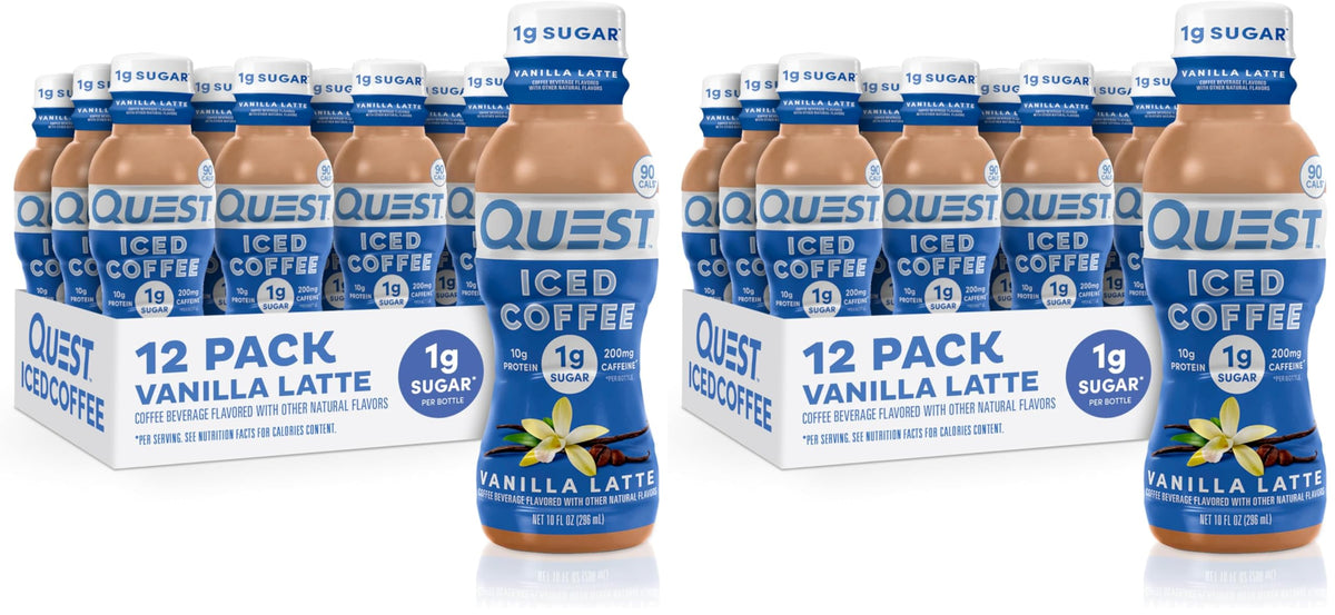 Quest Nutrition Iced Coffee, Vanilla Latte, 1g of Sugar, 10g of Protein, 90 calories, 200mg of caffeine, 12 Count