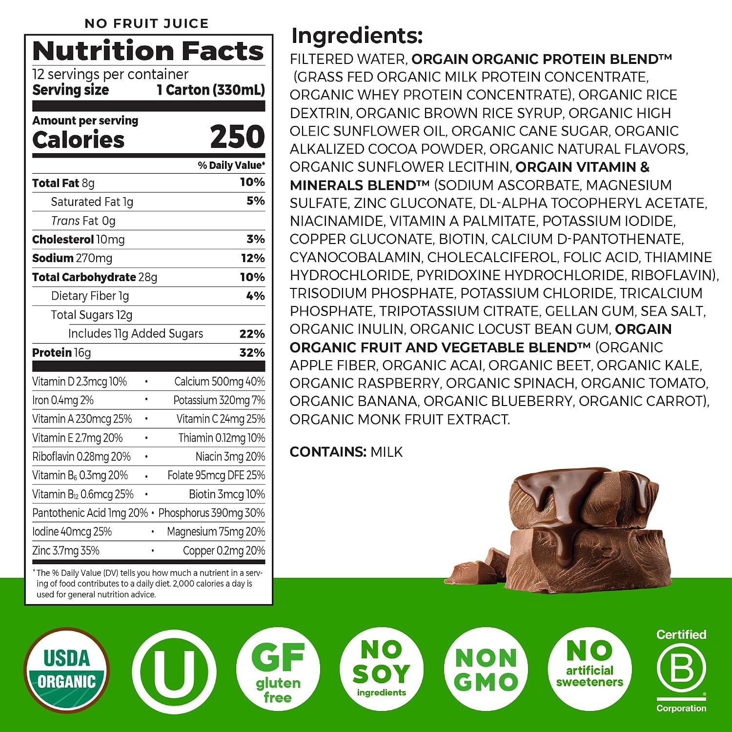 ORGAIN Organic Creamy Chocolate Fudge Shake 12 Pack, 11 FZ