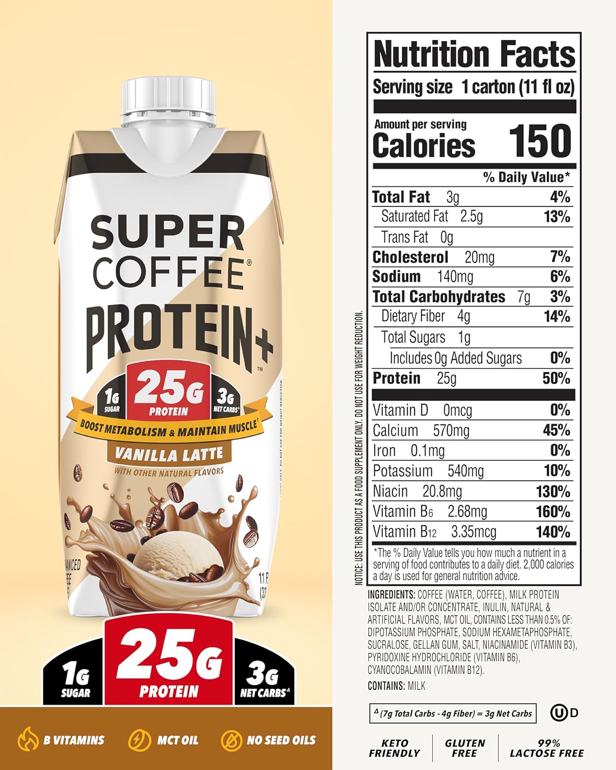 Super Coffee Protein+ Vanilla Protein Coffee 0g Sugar 25g Protein 11oz 18Pk